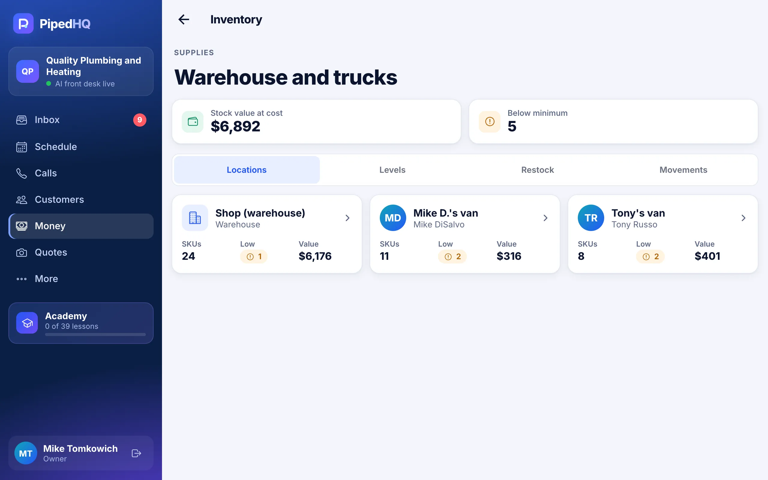 Stock on each van with low items flagged