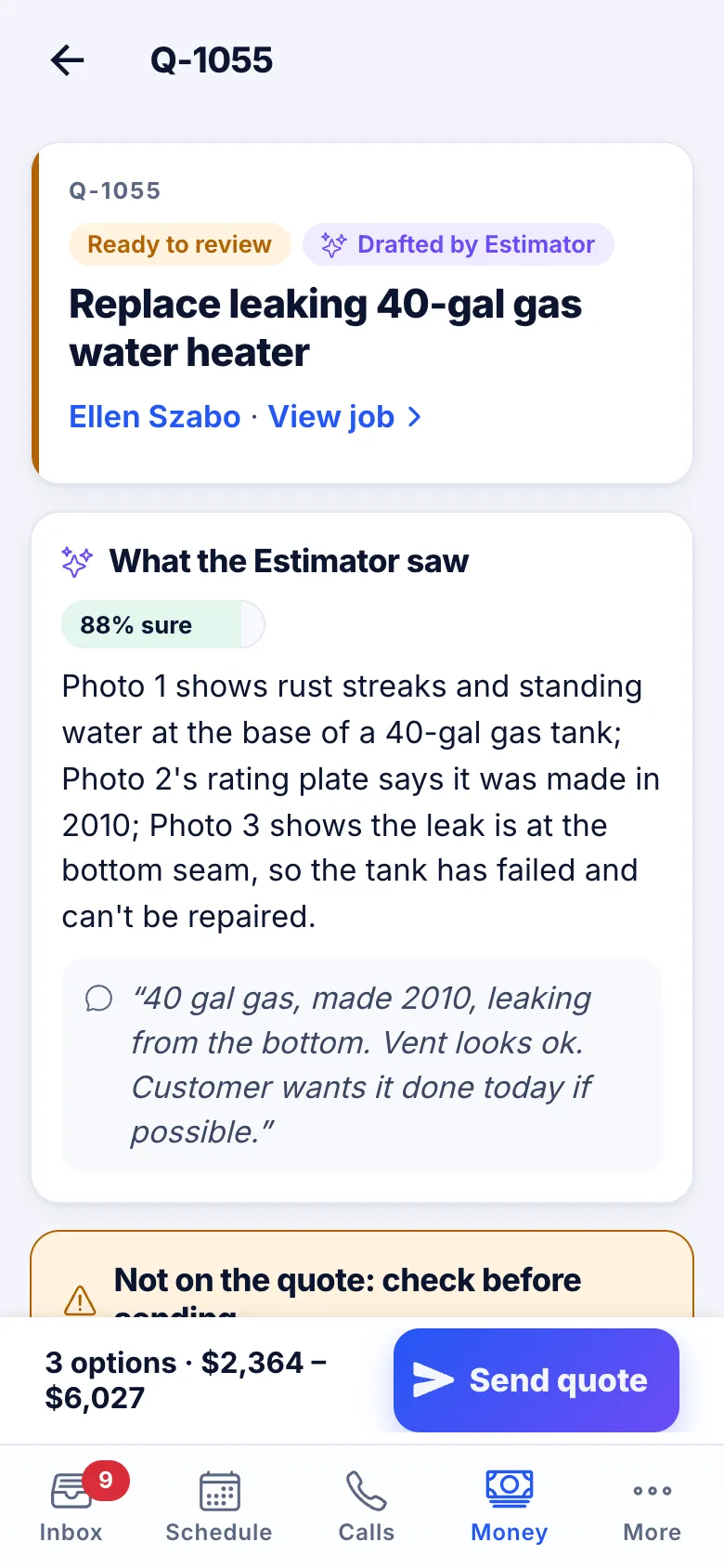 A drafted good, better, best quote for a leaking water heater with photos