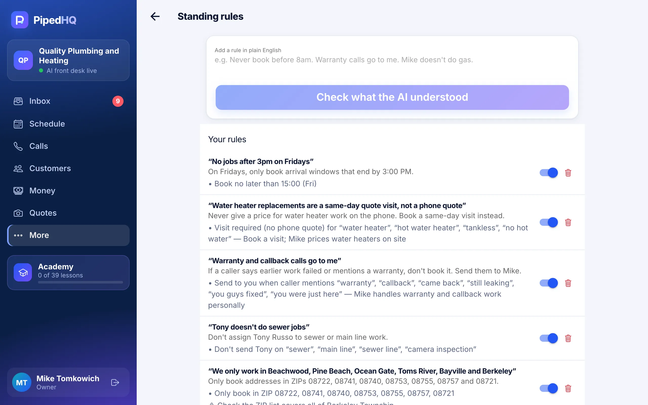 Standing rules written in plain English, each with the AI's reading of it