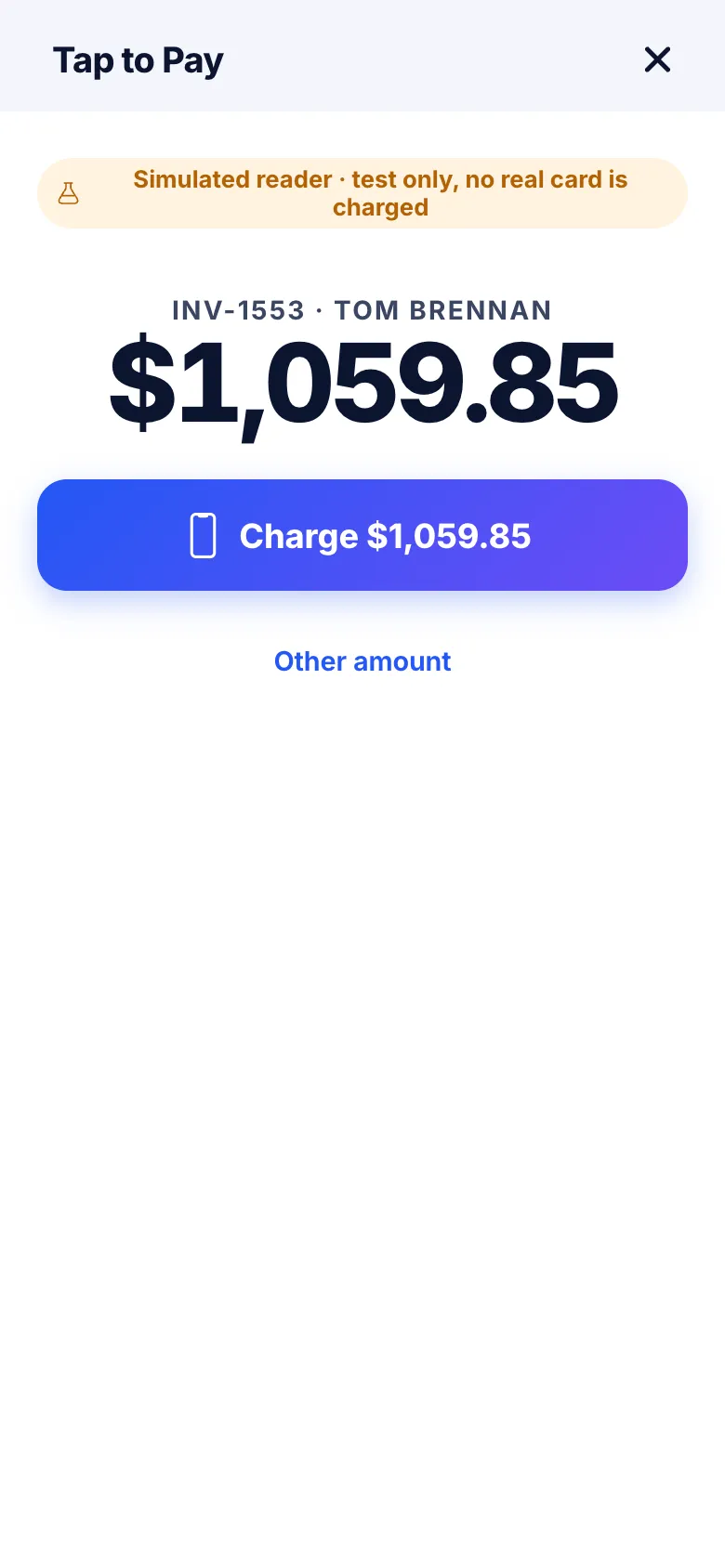 Tap to Pay: charging $1,059.85 on the tech's phone